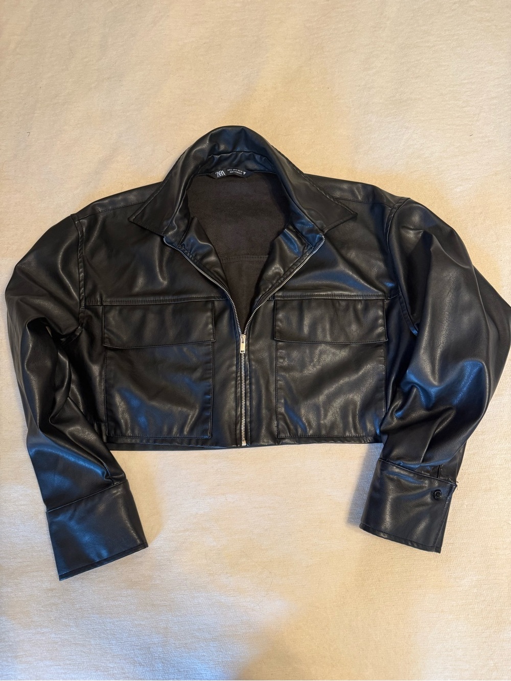 Zara Cropped Faux Leather Zip Front Jacket - Black